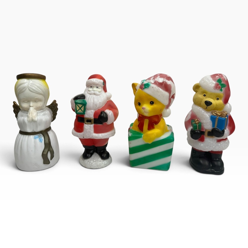 Christmas Lighted Blow Mold Figurines Santa Angel Bear Cat 4 Pc Untested